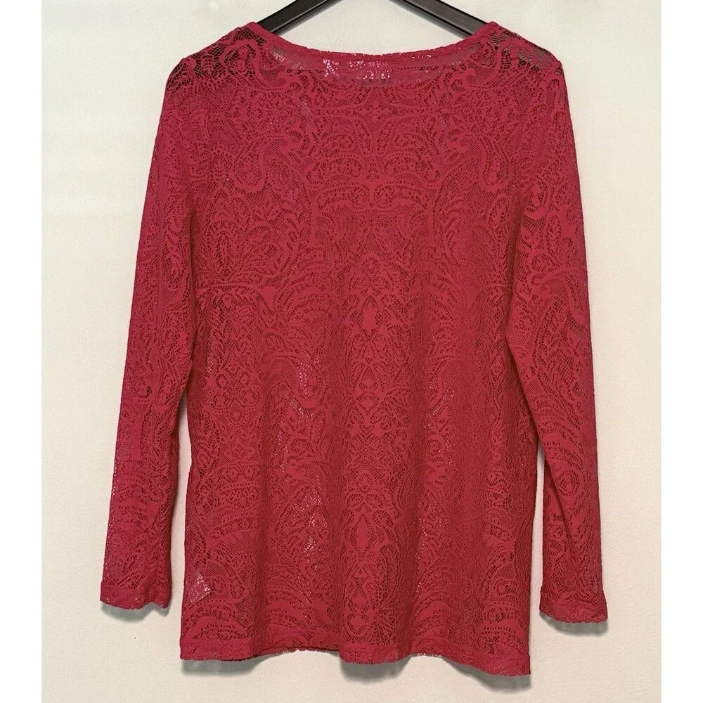 Susan Graver Sheer Lace Tunic Blouse Sz M Fuchsia Popover Longline Layering